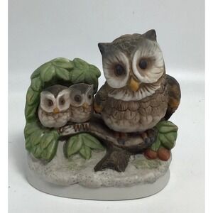 Homco Owl Family On‎ Branch , Porcelain Figure Ceramic 4x4 Inches